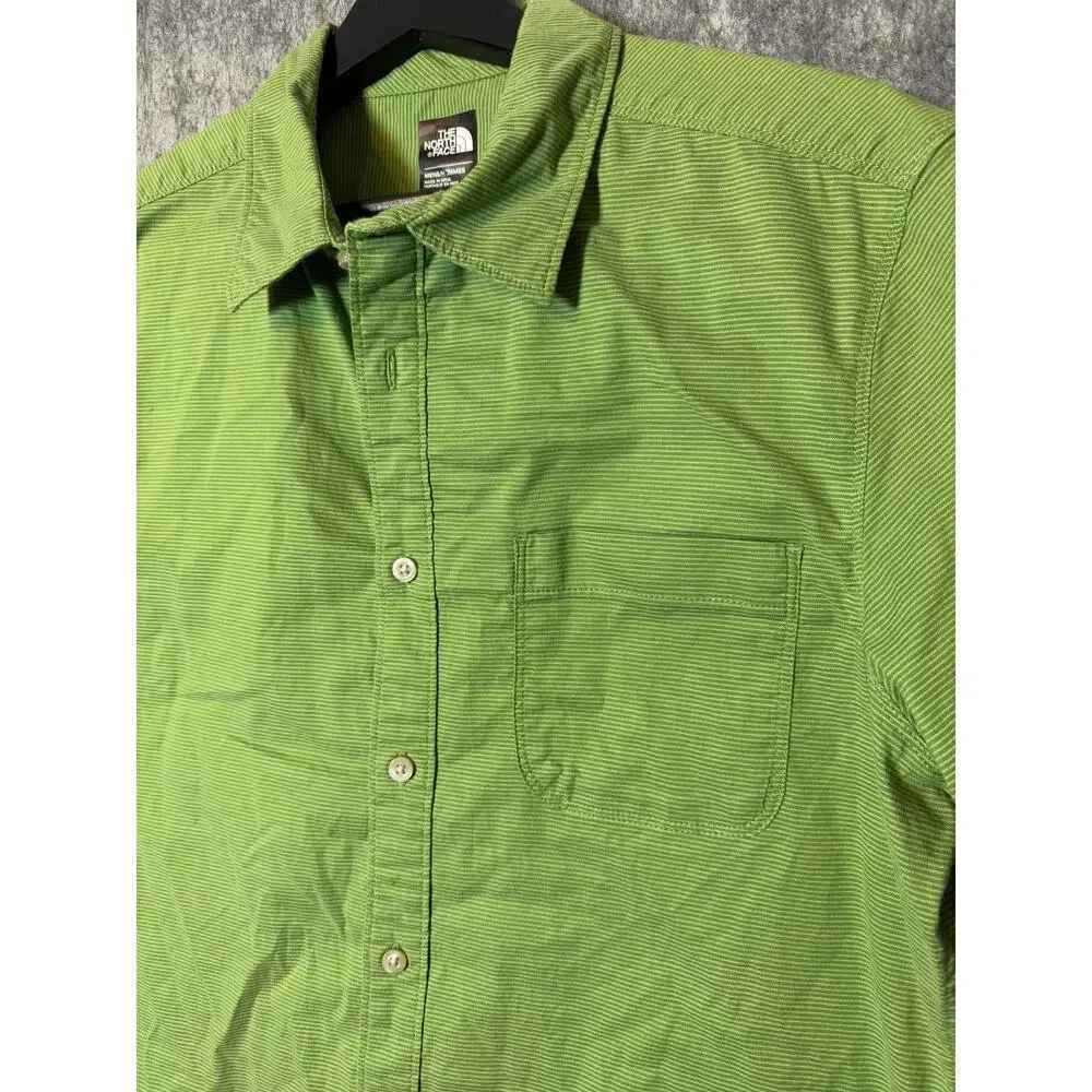 North Face Shirt Mens Med Green Striped Short Sleeve Button Up Camping Hiking